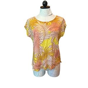 Tahary Yellow Pink Tropical‎ Palm Leaf 100% Linen Scoop Neck Top Blouse Sz L